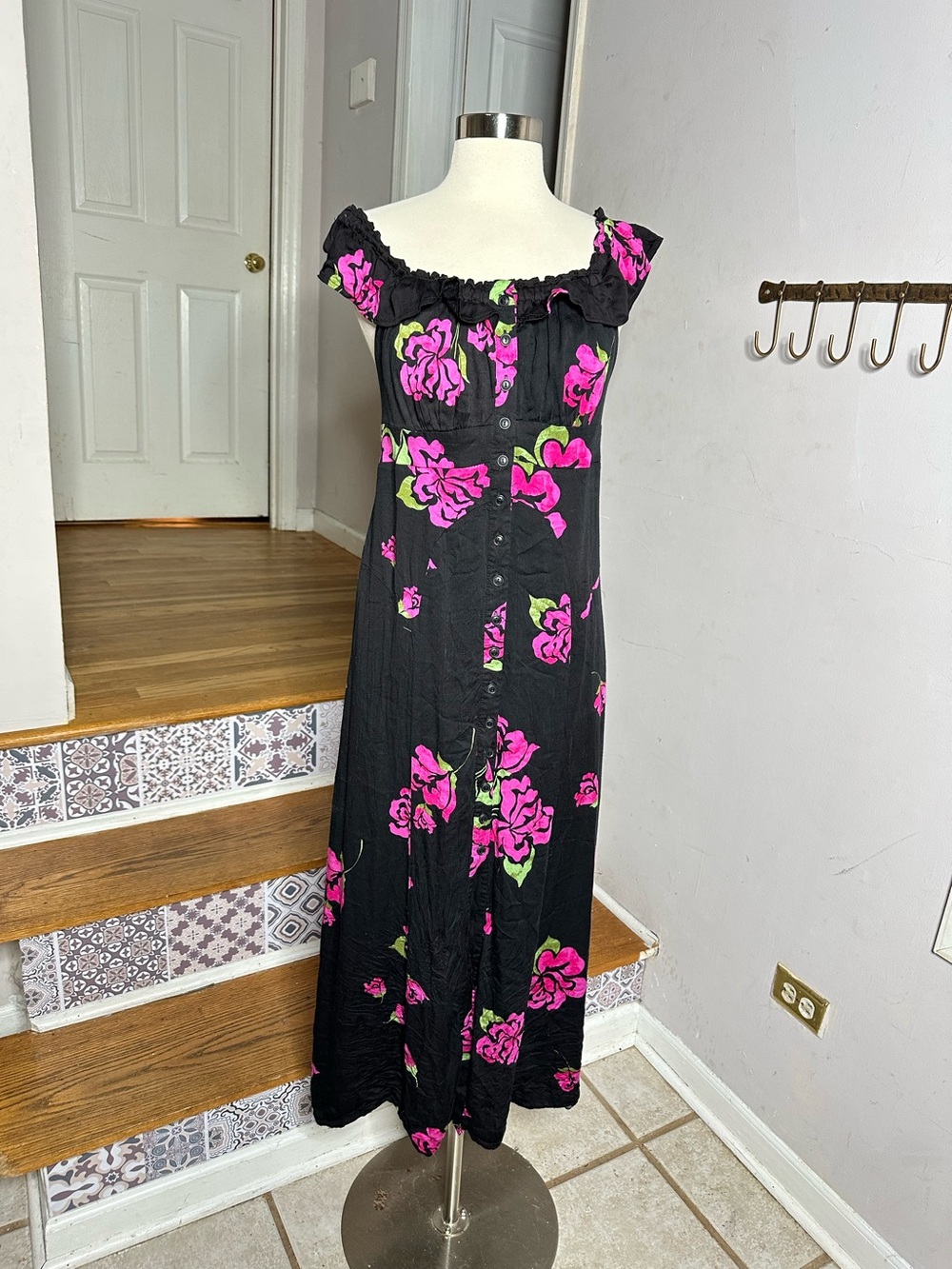 ree People Black Pink Floral Maxi Dress Large L Fair Condition Flaws OB1567272